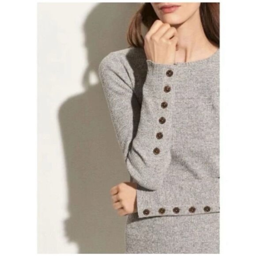 Vince Ribbed Knit Sweater Dress Grey Button Detail Midi Dress XS - Picture 3 of 10